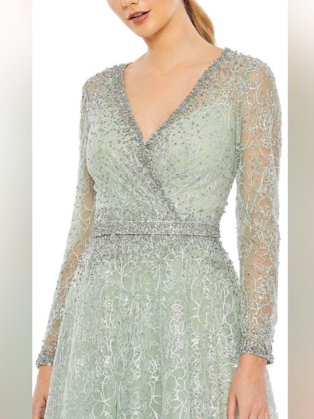 NWT Mac Duggal Sage Green Embellished Long Sleeve Midi Gown - Picture 2 of 5